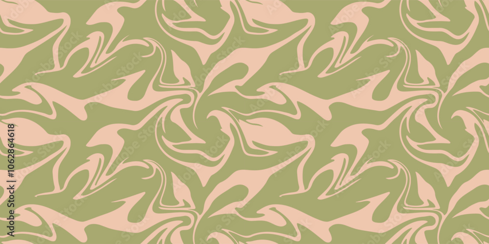 Camouflage seamless pattern with green ink marble swirls. Abstract military background. 1970s trippy seamless pattern.