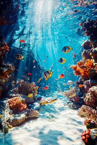Fototapeta Naklejka Na Ścianę i Meble -  An imaginative underwater scene featuring a vibrant coral reef teeming with colorful marine life.