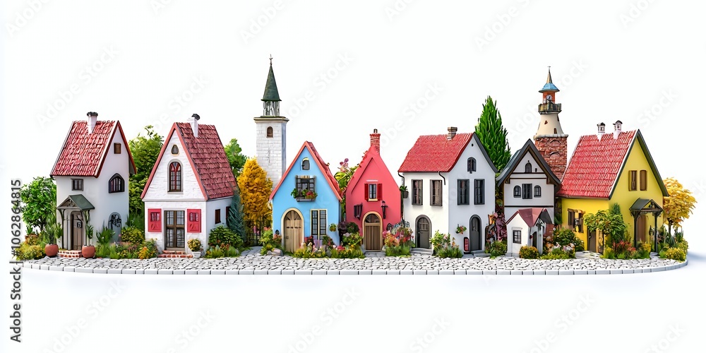 A charming village with houses of various colors and styles. A charming village with houses of various colors and styles.