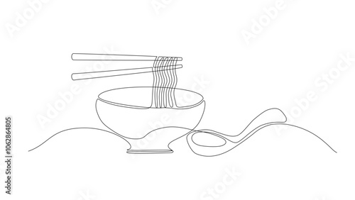 Continuous one line of bowl, noodles with chopsticks and soup spoon isolated on white background, vector illustration hand drawn, Editable stroke