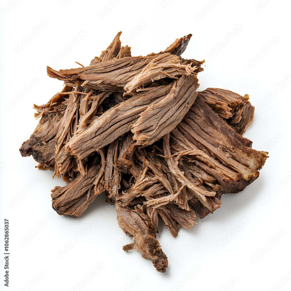 A pile of shredded beef, isolated on a white background. A pile of shredded beef, isolated on a white background.