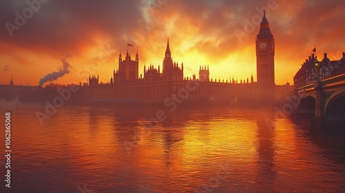 London Skyline at Sunrise with Big Ben and Houses of Parliament