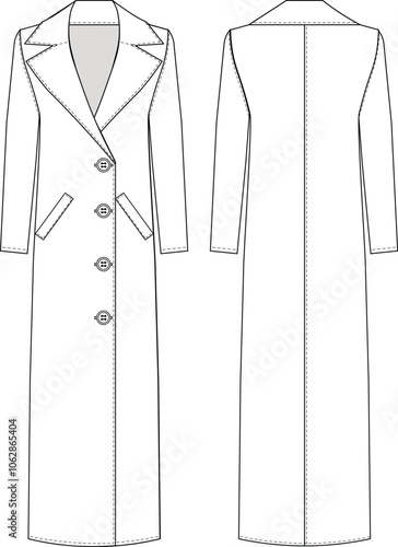 with pockets collared v neck buttoned long sleeve long midi coat jacket template technical drawing flat sketch cad mockup fashion woman design style model 


