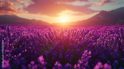 Lavender Field Sunset Landscape Purple Flowers Golden Sky Mountain Background