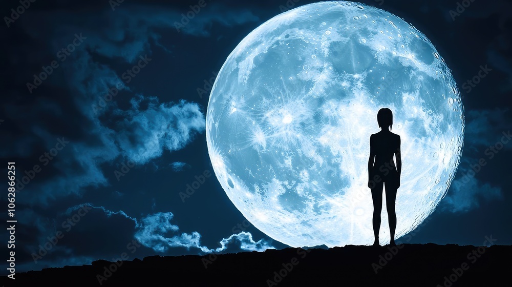 Silhouette of a person against a large moon, night sky setting with clouds. Silhouette of a person against a large moon, night sky setting with clouds.