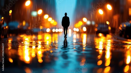 Lonely figure in the rain, vibrant city lights reflecting on wet pavement.