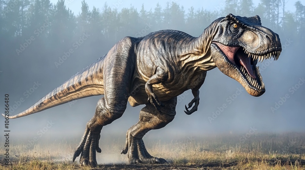 Tyrannosaurus Rex Dinosaur Roaring in a Foggy Forest Tyrannosaurus Rex Dinosaur Roaring in a Foggy Forest