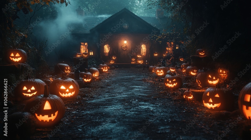 Spooky path lined with glowing jack-o'-lanterns at night. Spooky path lined with glowing jack-o'-lanterns at night.