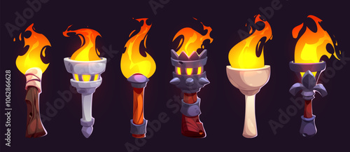 Medieval game torches with bright yellow and orange flames on wooden, metal and stone holders with decorative elements. Cartoon set of flambeau sticks for fantasy dungeon exploration interface icons.