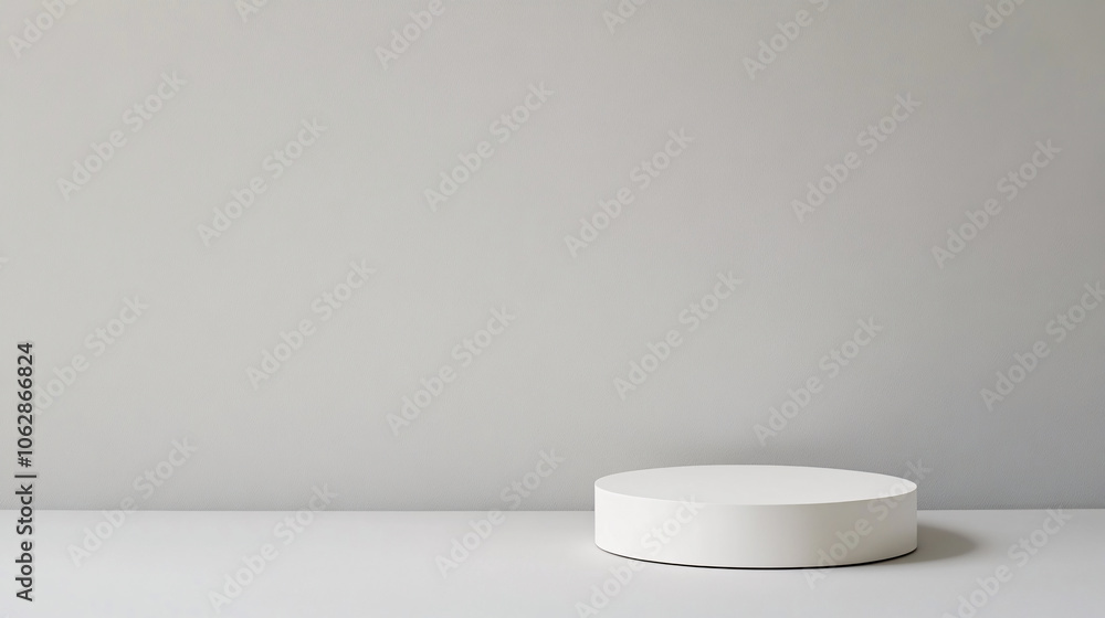 A minimalist white cylindrical platform rests on a smooth gray background, evenly lit with diffused light that creates soft shadows. The clean, seamless aesthetic of the scene provides a A minimalist white cylindrical platform rests on a smooth gray background, evenly lit with diffused light that creates soft shadows. The clean, seamless aesthetic of the scene provides a