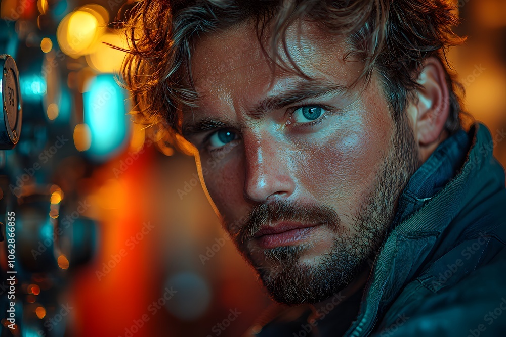 Intense portrait of a man with deep blue eyes in warm cinematic lighting Intense portrait of a man with deep blue eyes in warm cinematic lighting