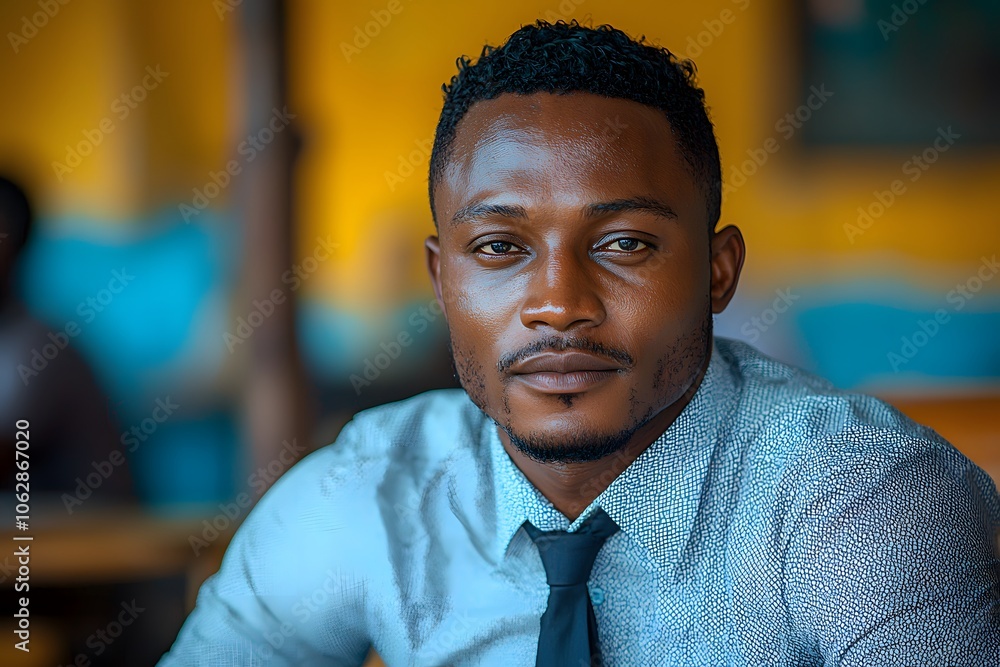Obraz premium Confident young man in blue shirt and tie at cafe setting
