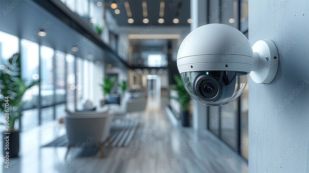Modern security camera installed in a stylish lobby of a contemporary office building during daylight. Generative AI Modern security camera installed in a stylish lobby of a contemporary office building during daylight. Generative AI