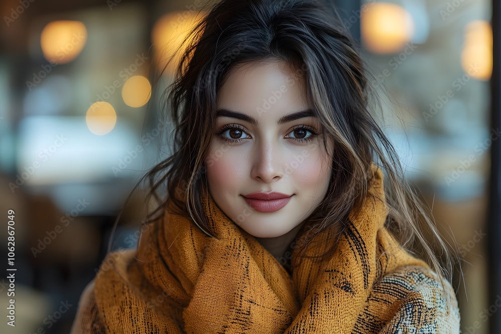 Warm autumn portrait: cozy scarf and soft lighting for seasonal aesthetic Warm autumn portrait: cozy scarf and soft lighting for seasonal aesthetic