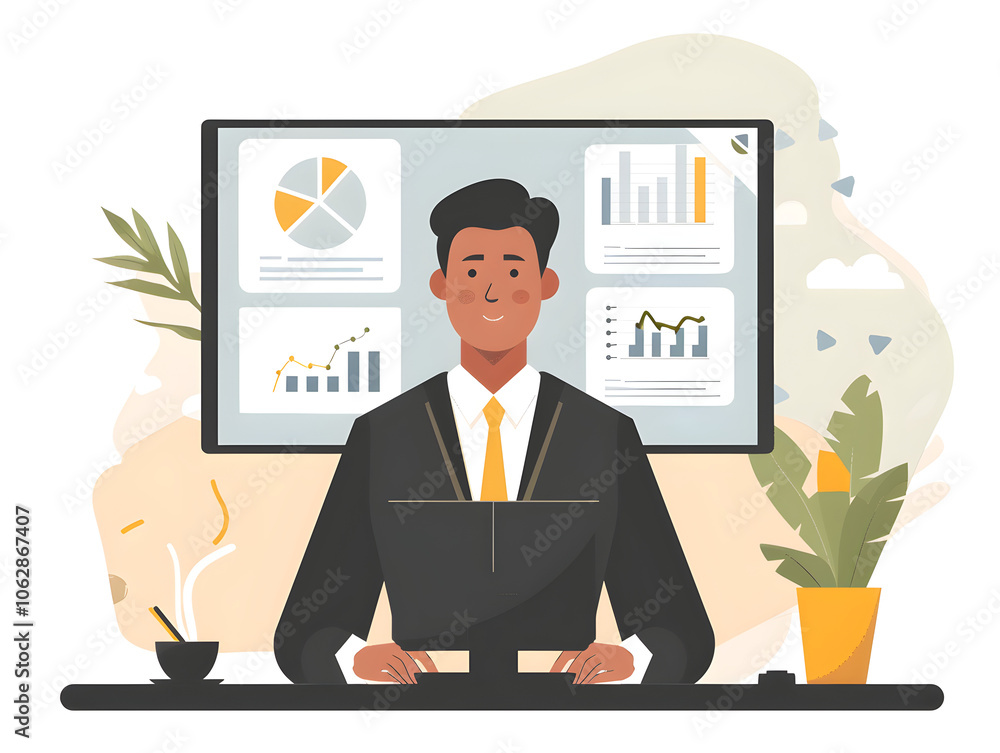 Businessman in suit sitting at desk, presenting sales strategies during webinar to online audience. Businessman in suit sitting at desk, presenting sales strategies during webinar to online audience.
