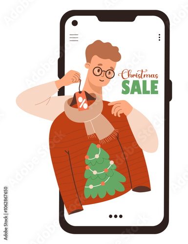 Online Shopping. Christmas Sale. Cute man in phone trying on winter clothes, scarf and ugly Xmas sweater with tree on hanger. Vector illustration. Holiday shopper character. Shop in smartphone