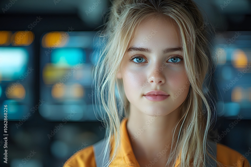 Fototapeta premium Young professional woman in a modern office setting with technology background