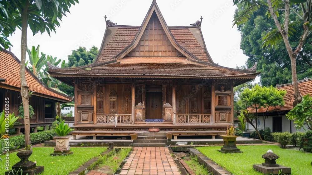 The traditional Javanese house of Indonesia is often called a joglo house, with wooden architecture and a green garden. The traditional Javanese house of Indonesia is often called a joglo house, with wooden architecture and a green garden.
