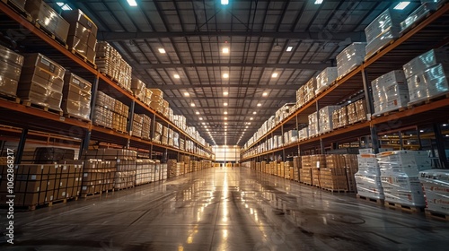 Wallpaper Mural A vast industrial warehouse with neatly stacked pallets ready for distribution at dusk. Generative AI Torontodigital.ca
