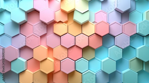 Abstract Background with Hexagons in Pink, Soft Blue, Orange, Violet, Purple and More Colorful Shades Generative AI