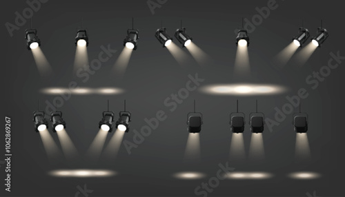 Professional stage spotlights with various beam configurations. Realistic 3d vector focused illumination patterns. Different mounting angles setup for performances and concerts lighting effects.
