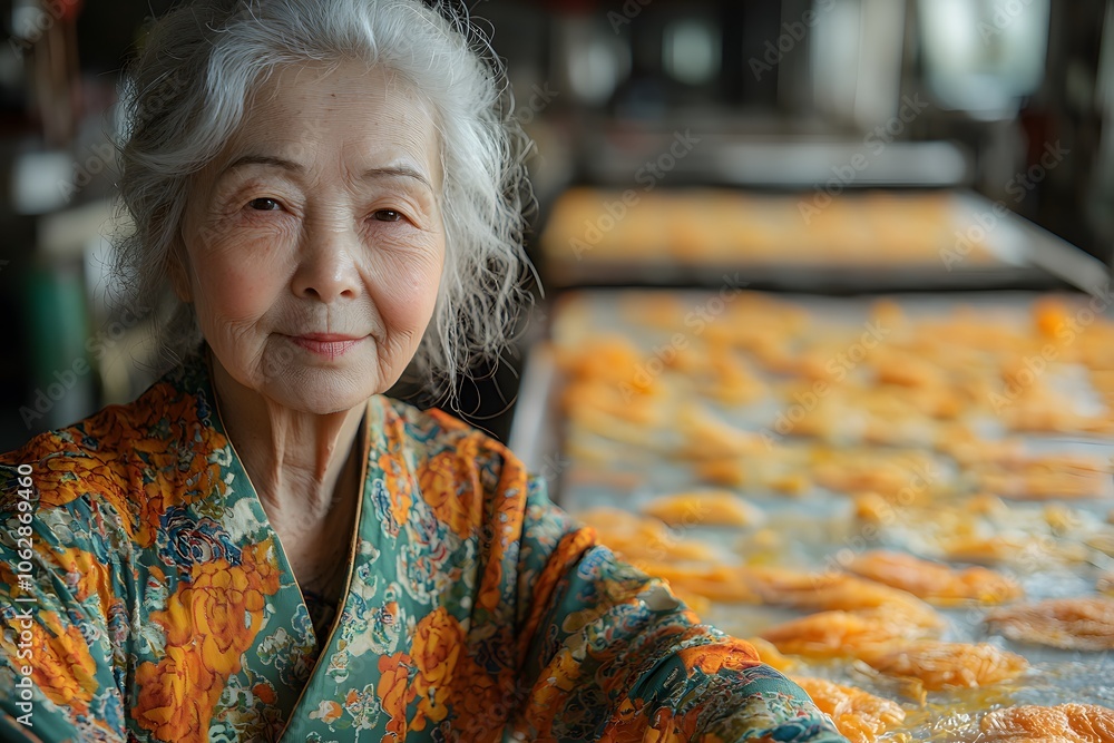 Elderly woman in traditional attire with dried mango slices in artisan workshop Elderly woman in traditional attire with dried mango slices in artisan workshop
