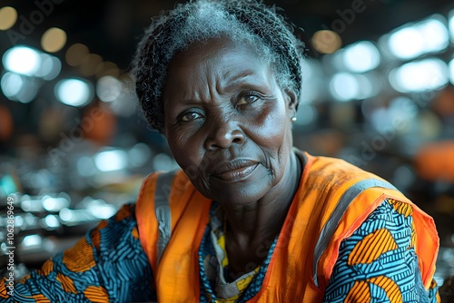 Elderly african woman in vibrant work attire in industrial setting