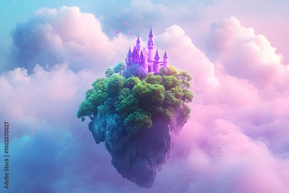 Castle on the cloud isolated on white background illustration