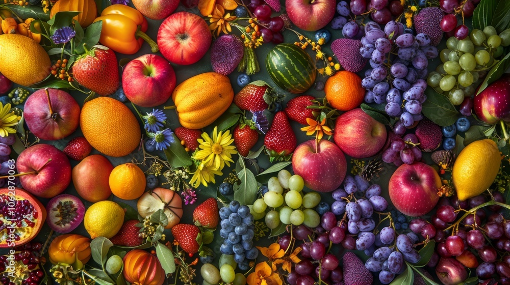 Overhead shot capturing the colorful array of seasonal spring fruits from above Overhead shot capturing the colorful array of seasonal spring fruits from above