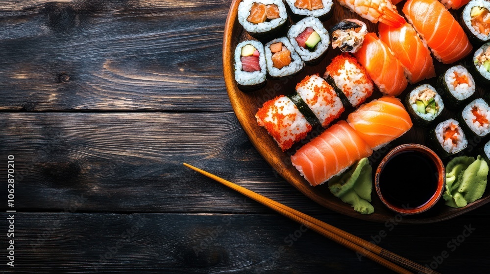 Sushi Platter on Wooden Background Sushi Platter on Wooden Background