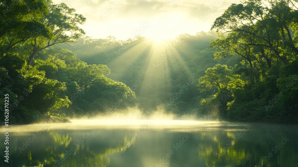 Sun Rays Through Forest Canopy Over Foggy Lake at Sunrise Sun Rays Through Forest Canopy Over Foggy Lake at Sunrise