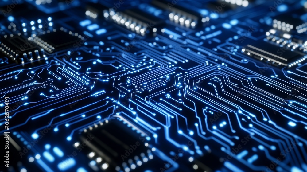 Close-up view of a circuit board with intricate pathways and glowing components.