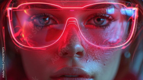 A close-up of a person wearing glowing neon sunglasses against a vibrant, futuristic backdrop at night. Generative AI