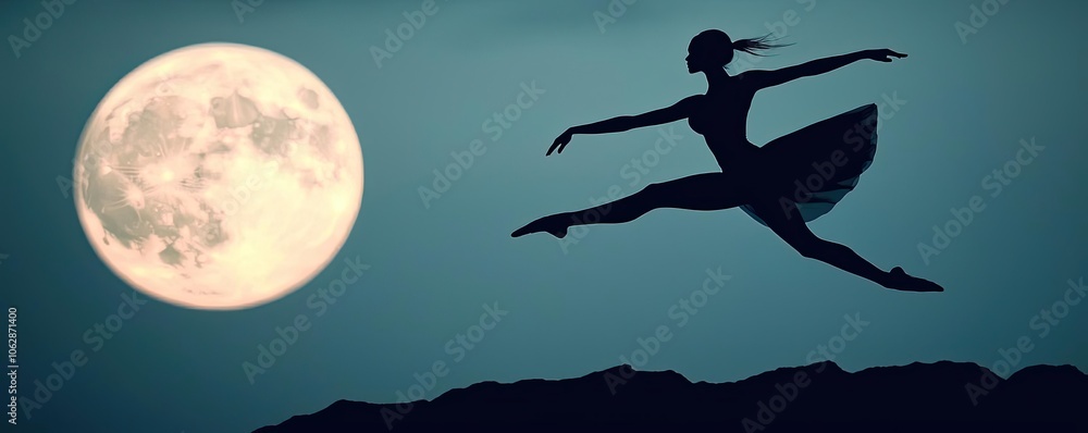 Naklejka premium Silhouette of a ballet dancer leaping under a full moon against a twilight sky.