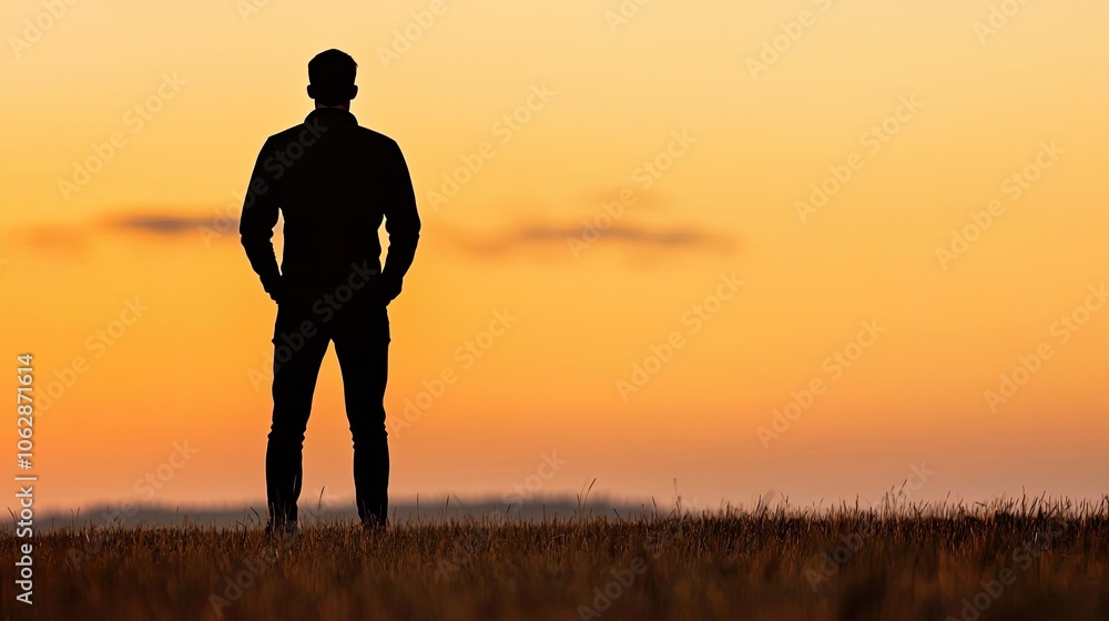 Silhouette of a person standing in a field during a vibrant sunset. Silhouette of a person standing in a field during a vibrant sunset.