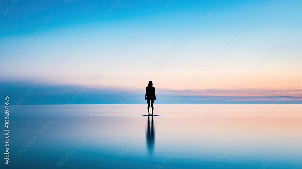 Silhouette of a person standing on tranquil water at sunset, reflecting peacefulness. Silhouette of a person standing on tranquil water at sunset, reflecting peacefulness.