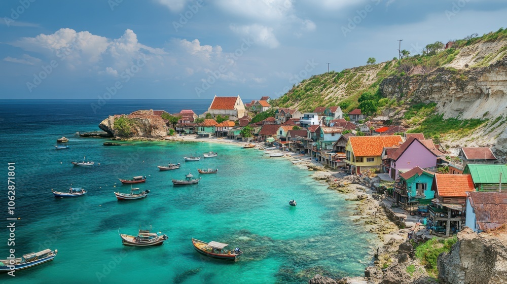 Fototapeta premium Colorful Coastal Village with Boats