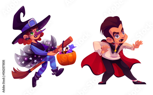 Cartoon kids dressed up in festive costumes for Halloween celebration. Young witch wears purple hat, holds flying broom and magic pumpkin basket. Small vampire boy in red cape shows dramatic pose.