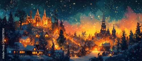 Illustration vectorielle d'un village de Noël en art numérique avec ambiance festive et enneigée