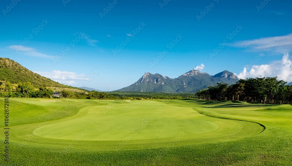 A stunning view of a golf course set against the backdrop of majestic mountains and a clear blue sky, showcasing the natural beauty and serene environment perfect for a day on the greens. A stunning view of a golf course set against the backdrop of majestic mountains and a clear blue sky, showcasing the natural beauty and serene environment perfect for a day on the greens.