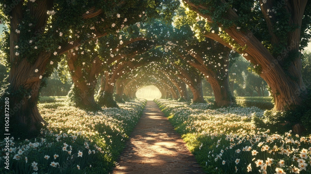 Obraz premium Magical Forest Path with White Flowers and Sunbeams