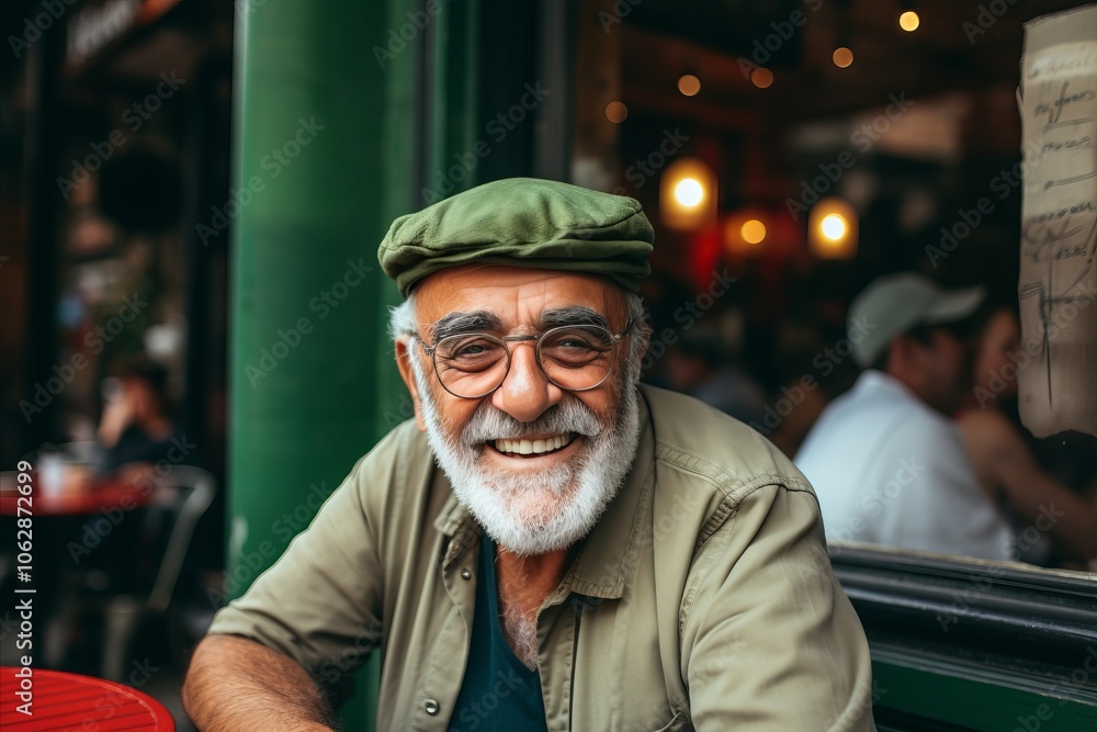 Portrait of an old man with a beard and cap sitting in a cafe in Paris Portrait of an old man with a beard and cap sitting in a cafe in Paris