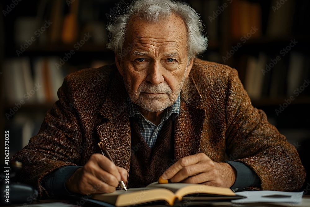 Elderly man writing thoughtfully in a cozy library Elderly man writing thoughtfully in a cozy library