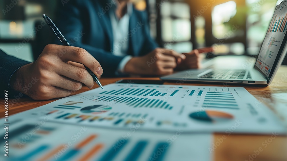 Business team using financial data and graphs to laptop Business team using financial data and graphs to laptop
