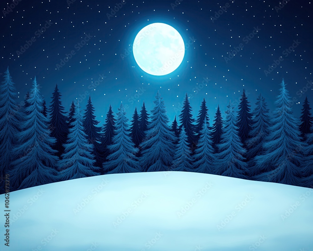 Fototapeta premium Snowcovered forest illuminated by the soft glow of the moon, peaceful winter night