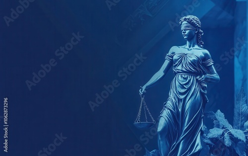 A beautifully composed image featuring the statue of Lady Justice with her scales, positioned against a dark blue background