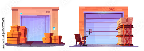 Modern self storage units displayed on walls with purple sliding doors, cardboard boxes stacked nearby. Storage space with padlock security system. Cartoon vector set of garage entrance with stuff.