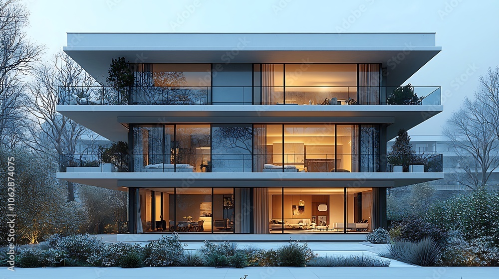Modern House with Large Windows and Balconies Surrounded by Trees Modern House with Large Windows and Balconies Surrounded by Trees