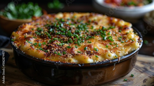 Creamy baked macaroni and cheese topped with crispy breadcrumbs and fresh herbs in a cozy kitchen setting. Generative AI