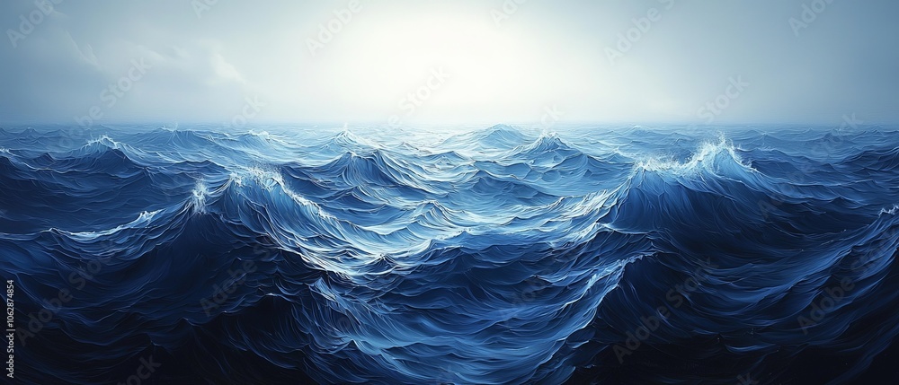 A serene view of rolling ocean waves under a soft, luminous sky. A serene view of rolling ocean waves under a soft, luminous sky.